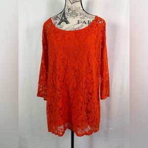 Signature Studio Chic Style Bright Orange Lace  & Sheer backside Blouse Size M